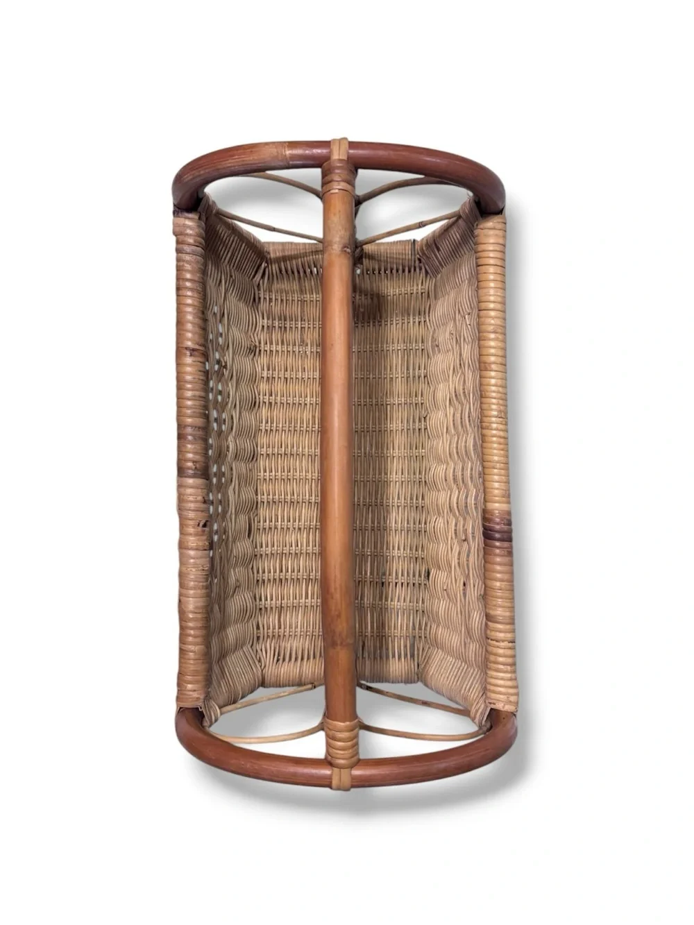 VINTAGE Bamboo Wicker Rattan Woven Magazine Holder Heart End Details